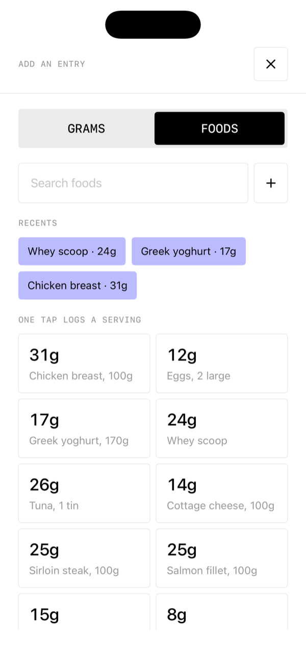 The Add screen on the Foods tab: a search field, recent entries as chips, and a grid of common foods with their protein in grams.
