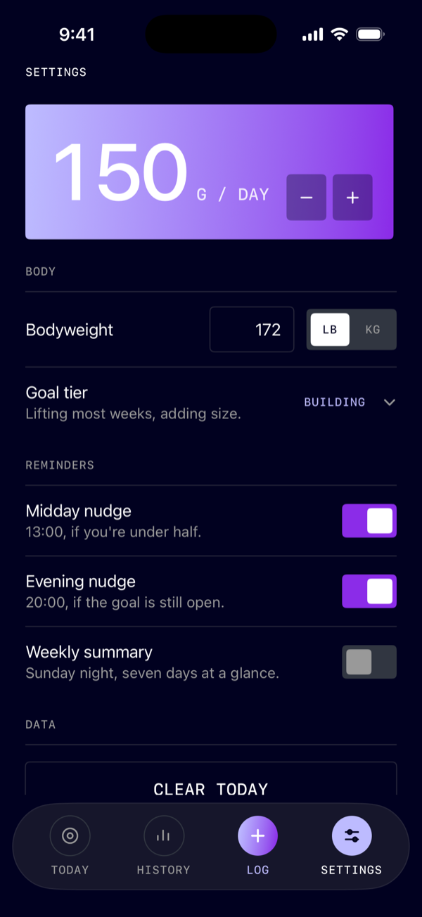 The Settings screen: a 150 grams per day goal with steppers, bodyweight in pounds, a goal tier, and three reminder toggles.